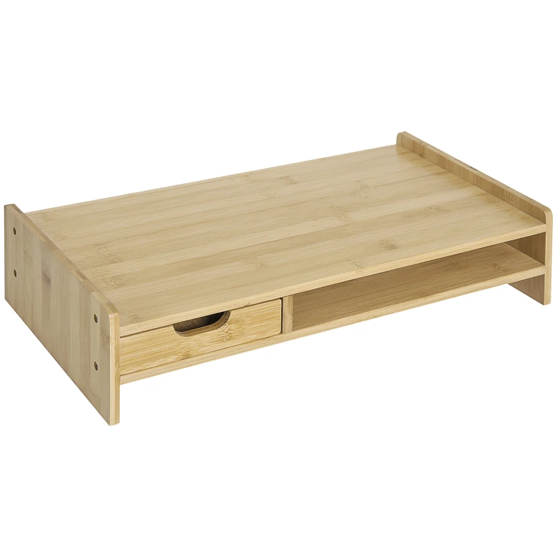 HOMCOM Bamboo Monitor Stand, Screen Riser for Laptop, Computer with Drawer and Storage Compartment, Natural