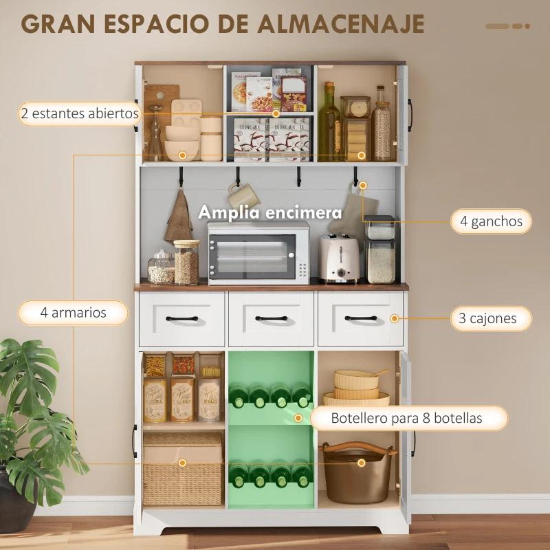 HOMCOM Alacena de Cocina con Botellero para 8 Botellas 4 Puertas 3 Cajones Encimera Amplio 100x38x172 cm Blanco