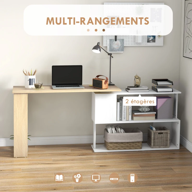 HOMCOM Bureau d'angle bureau informatique modulable bibliothèque intégrée + étagère 3 niveaux blanc et bois naturel