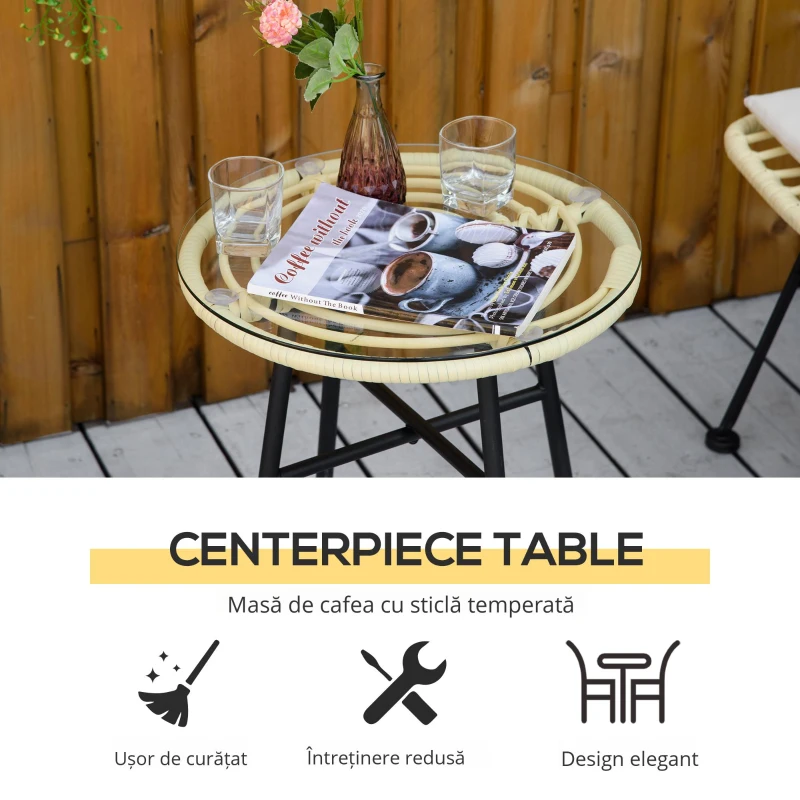 Outsunny Set masuta de cafea si scaune de veranda cu 3 piese, din ratan PE,  Bej