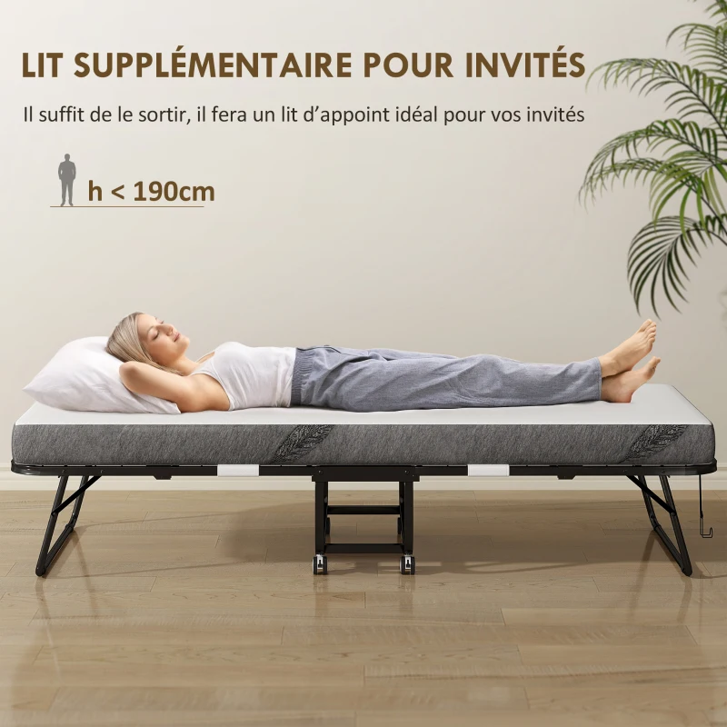 HOMCOM Lit pliant 1 personne 200 x 80 cm avec matelas, lit d'appoint pliable et portable sur roulettes, cadre en acier, blanc