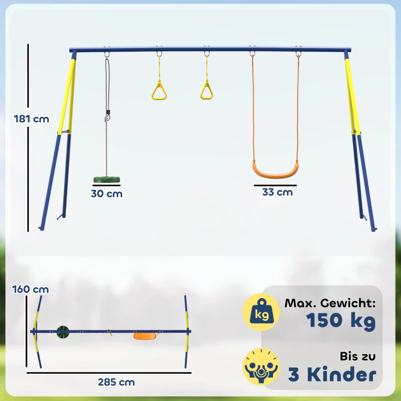 AIYAPLAY Schaukelgestell bis 150 kg 3-in-1 Kinderschaukel mit klassischer Schaukel, Turnringe, Stehschaukel, 285x160x181 cm