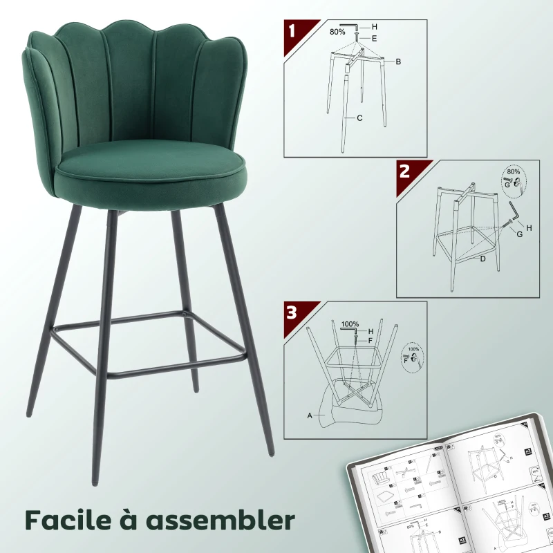 HOMCOM Lot de 2 tabourets de bar, chaises de bar avec dossier et repose-pieds, pieds en acier, 54 x 55 x 97 cm, vert foncé