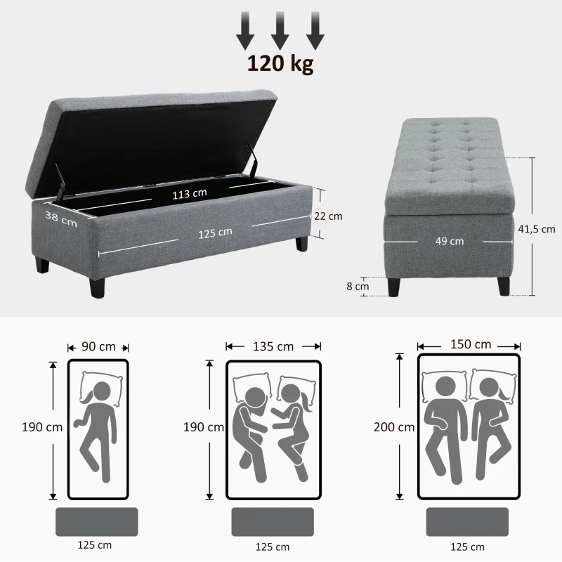HOMCOM Sitzbank mit Stauraum, Ottomane, Flurbank, Knopfheftung,125,1 cm x 48,9 cm x 41,3 cm, Grau