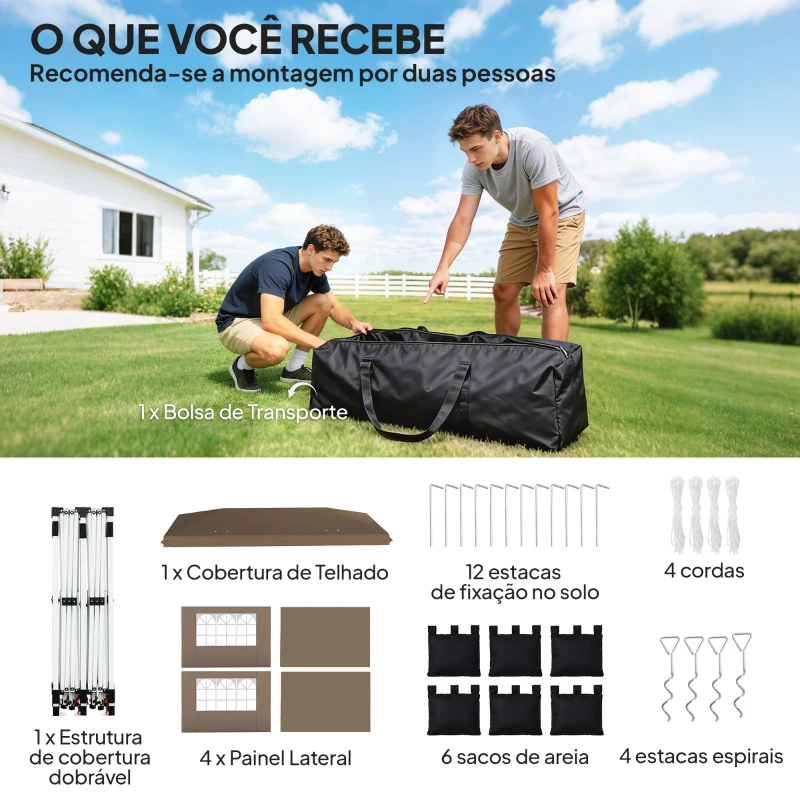 Outsunny Tenda Dobrável 6x3 m Pop-up com 4 Laterais Amovíveis Tenda de Jardim com Faixas Refletoras Altura Ajustável UPF50+ Bege