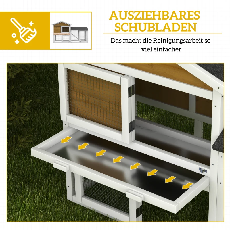 PawHut Hasenstall 2 Etagen Kaninchenstall Holz Kaninchenkäfig mit Bitumendach Freilaufgehege Rampe Türen 147x54x84 cm Gelb