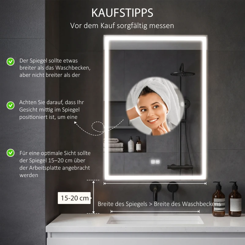 HOMCOM Spiegelschrank, Badschrank mit LED, 50 x 70 cm, dimmbar, Anti-Beschlag, Schwarz(m-4)
