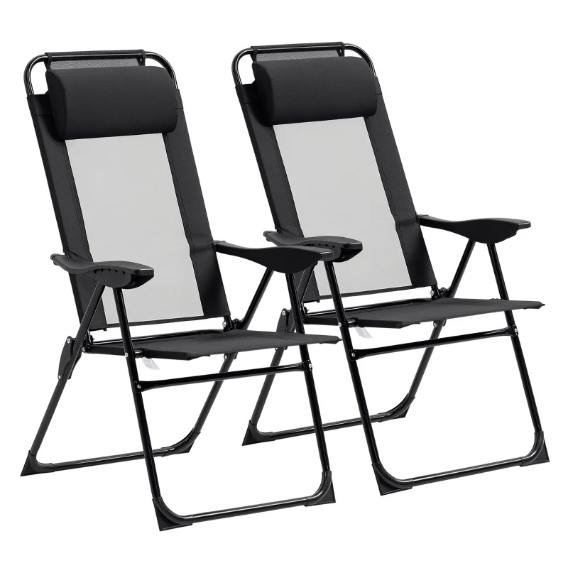 Outsunny Folding Patio Chairs Set of 2, Outdoor Deck Chair with Adjustable Sling Back, Camping Chair with Removable Headrest for Garden, Backyard, Lawn, Black