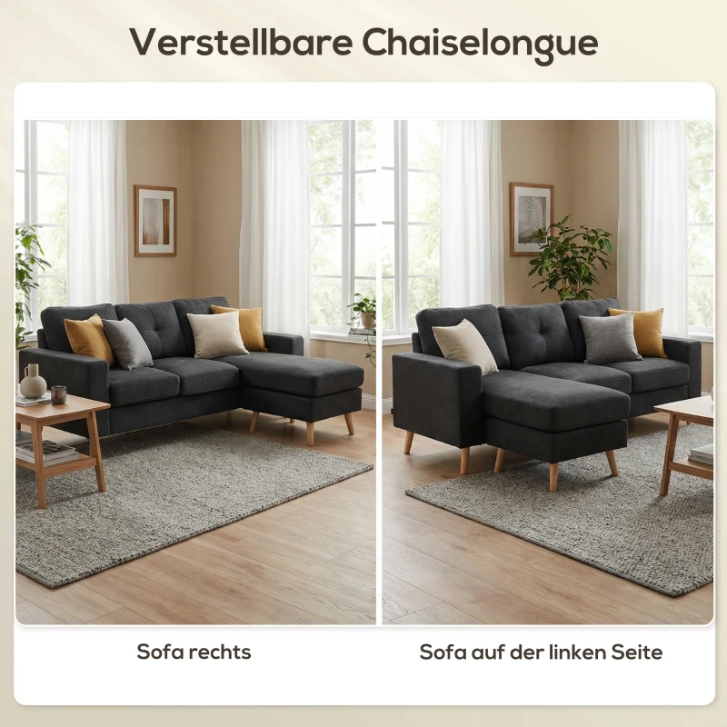 HOMCOM 3-Sitzer-Sofa Sofa Couch Ecksofa, mit Chaiselongue, Knopfheftung, 193 x136 x 85 cm, Schwarz(m-4)