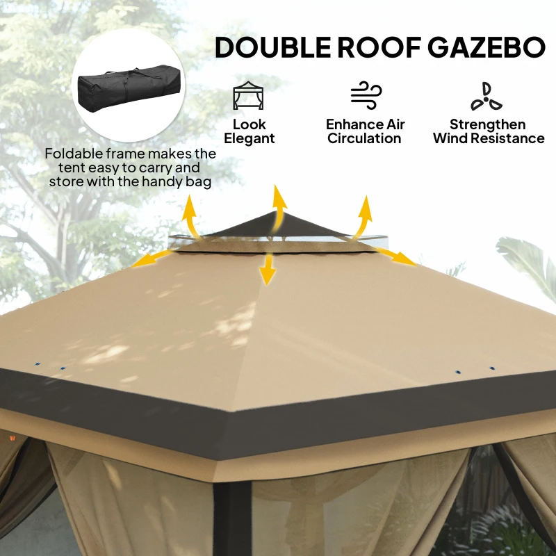 Outsunny 330cm x 330cm Pop Up Canopy - Double Roof Foldable Tent with Zipped Mesh Sidewalls, Adjustable Height, and Carrying Bag, Event Tent for Patio Garden, Beige