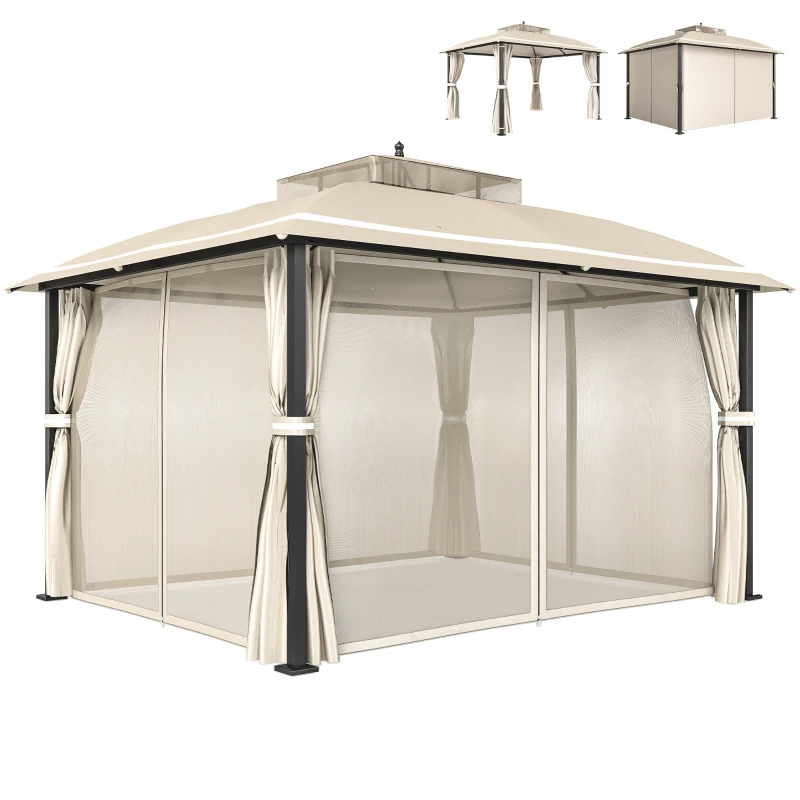 Outsunny Carpa para Jardín con Techo Doble Cenador con Mosquiteras y Cortinas para Exterior Terraza 370x303x290 cm Beige