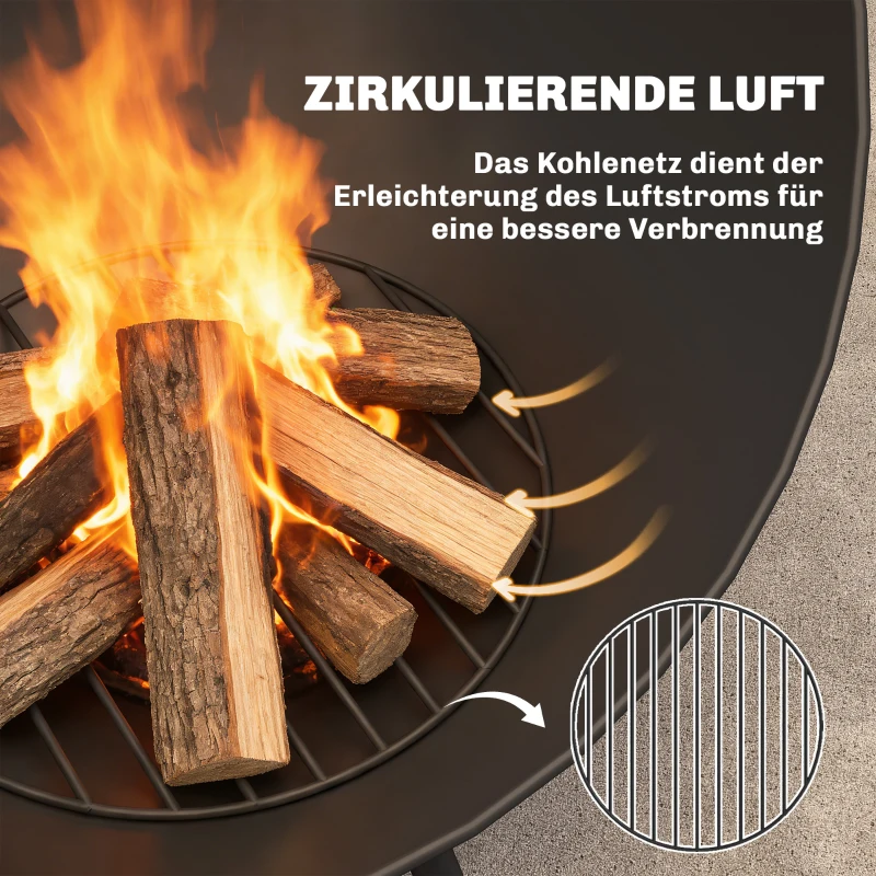 Outsunny Feuerschale 60 x 53 x 66cm verstellbar Feuerstelle mit Schürhaken Kohlegitter Ständer Schwarz