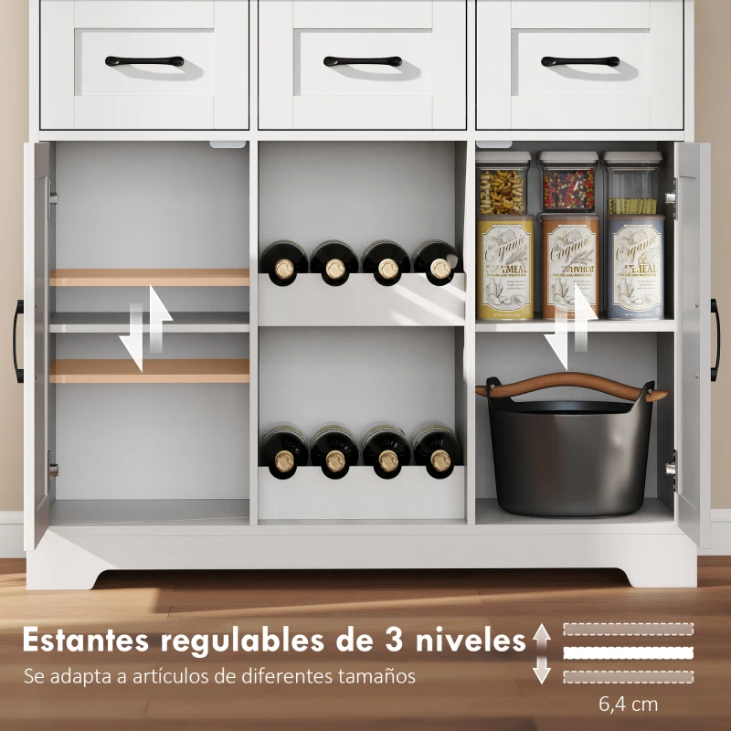 HOMCOM Alacena de Cocina con Botellero para 8 Botellas 4 Puertas 3 Cajones Encimera Amplio 100x38x172 cm Blanco