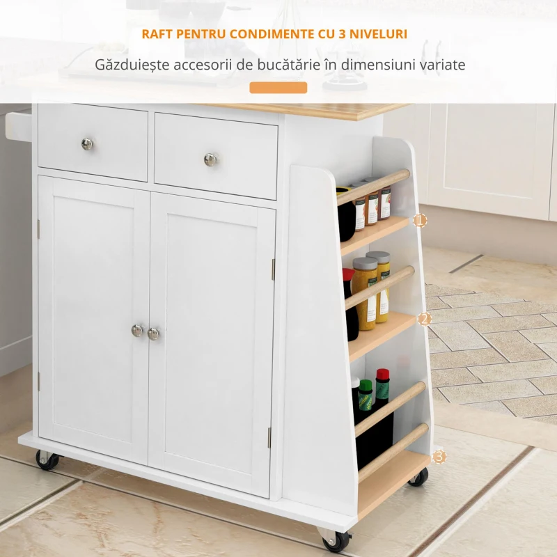 HOMCOM Carucior de bucatarie suport condimente cu 3 niveluri si 4 roti din MDF si PAL, 89x45x89.5cm, alb(m-5)