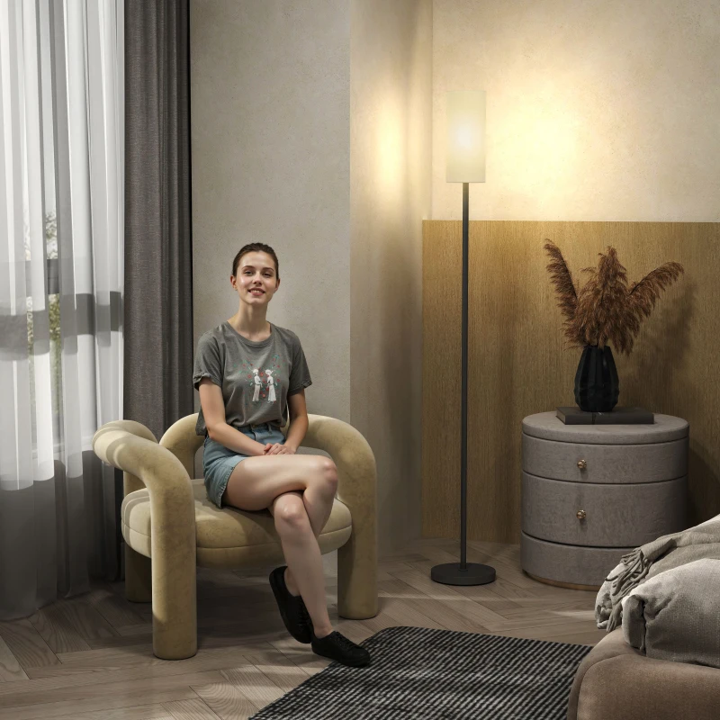 HOMCOM Stehlampe, Schirm in Leinenoptik, Metallstange, Fußschalter, Weiß