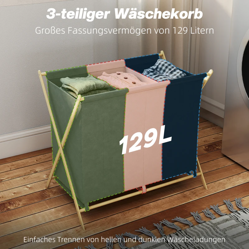HOMCOM Wasmand met 3 vakken 129L Opvouwbaar Wasverzamelaar voor Wasruimte Slaapkamer Meerkleurig