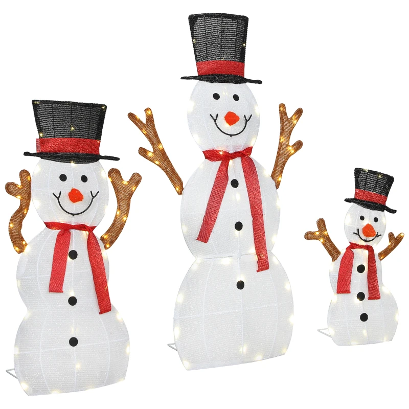 Outsunny 3-teilige weihnachtliche Schneemann-Familie, Außendekoration, LED-Lichter, Bodenpfähle, wasserfest, Stahl, Polyester, Weiß