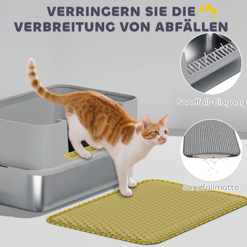 PawHut Katzentoilette Edelstahl Offene Katzenklo mit Schaufel hohem Rand Matte für Katzen bis 7 kg 60,2 x 40,2 x 29,5 cm, Grau