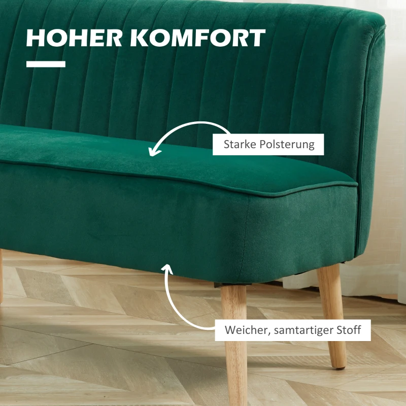 HOMCOM Sofa Retrodesign 2-Sitzer-Sofa, Holzbeine, 117 cm x 56,5 cm x 77 cm, Dunkelgrün