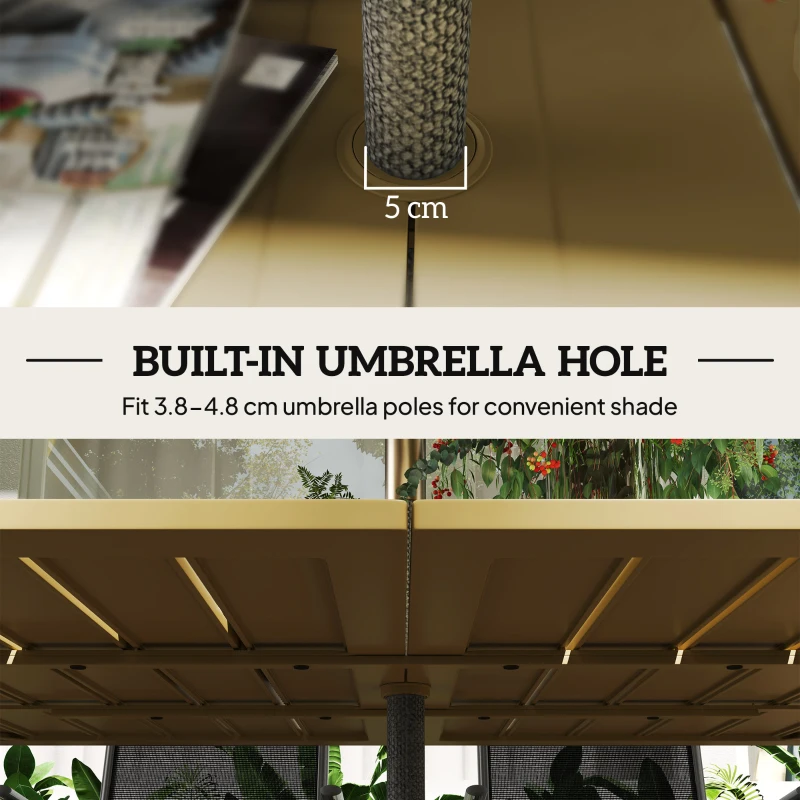 Outsunny Garden Dining Table for 6 with Parasol Hole, Rectangle Outdoor Garden Table with Slatted Metal Top, Steel Frame, Brown