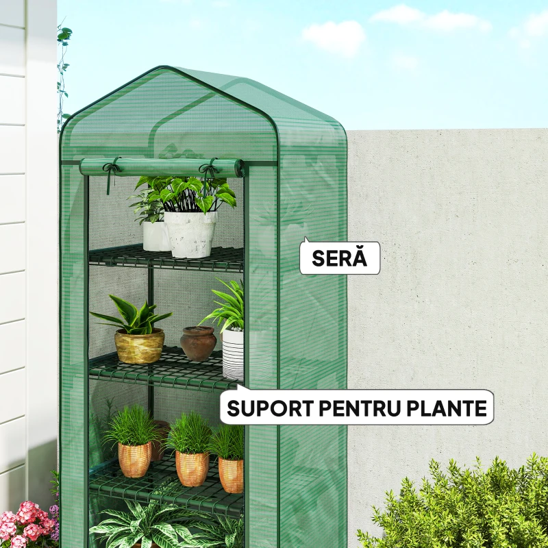 Outsunny Sera Portabilă, Seră pentru Plante, Flori, Structură Exterioară cu 4 Rafturi, Acoperire PE, Verde