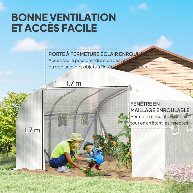 Outsunny Serre Tunnel de Jardin 13,35 m² dim. 4,5L x 3l x 2H m Porte + 6 fenêtres enroulables Acier galvanisé bâche PE Haute densité Blanc