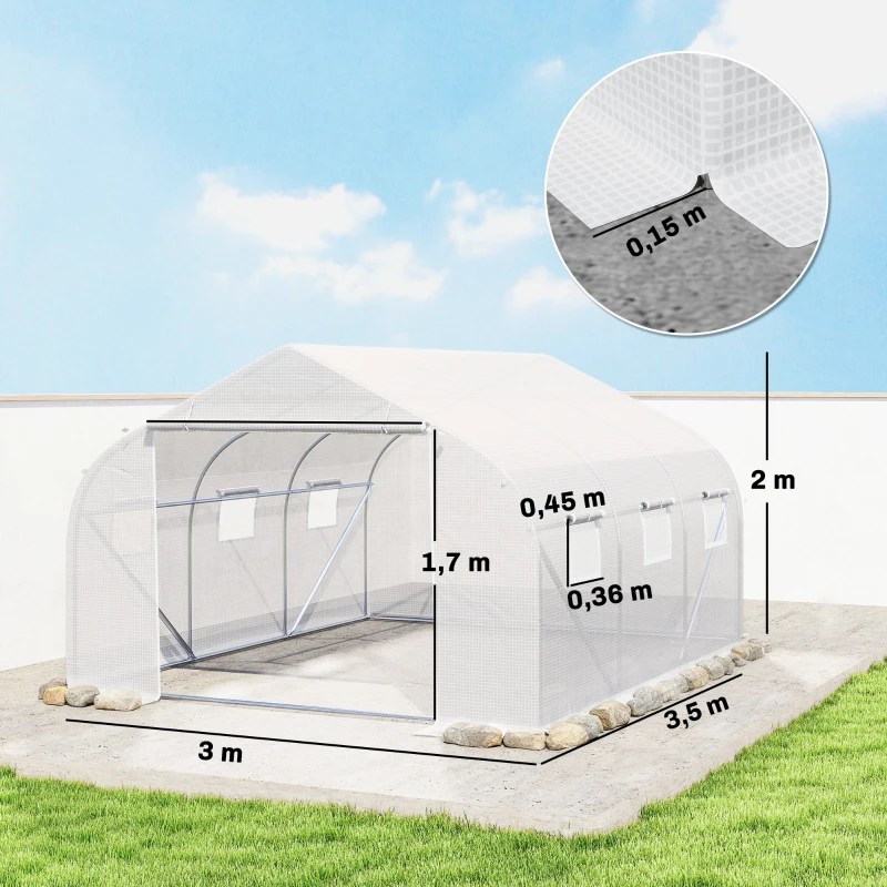 Outsunny Serre Tunnel de Jardin 13,35 m² dim. 4,5L x 3l x 2H m Porte + 6 fenêtres enroulables Acier galvanisé bâche PE Haute densité Blanc