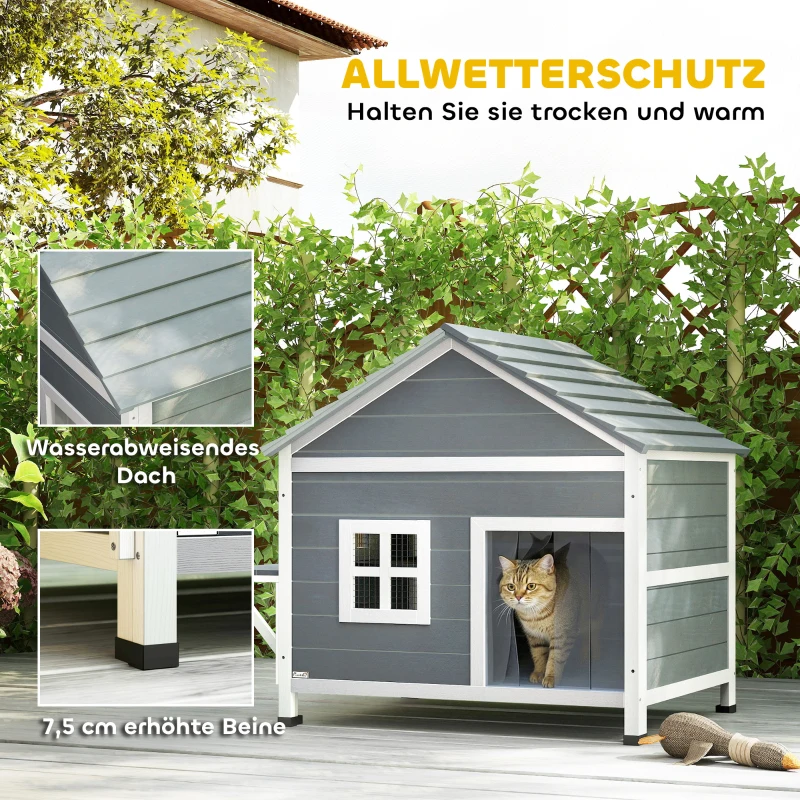 PawHut Katzenhaus aus Holz 2-Etagen Katzenhöhle mit wasserdicht aufklappbar Dach, seitlicher Plattform, 101x72,5x81cm, Grau
