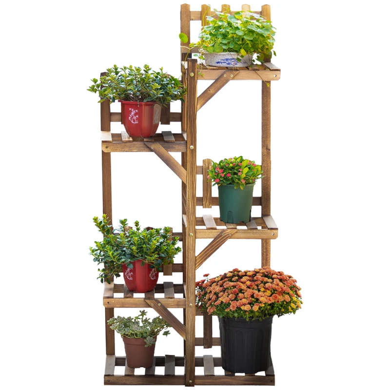 Outsunny Flower Shelf Wooden Plant Stand 5 shelves Ornamental Small Railings 60 x 30x 130cm Carbonized Fir Wood for Indoor Garden Terrace Balcony
