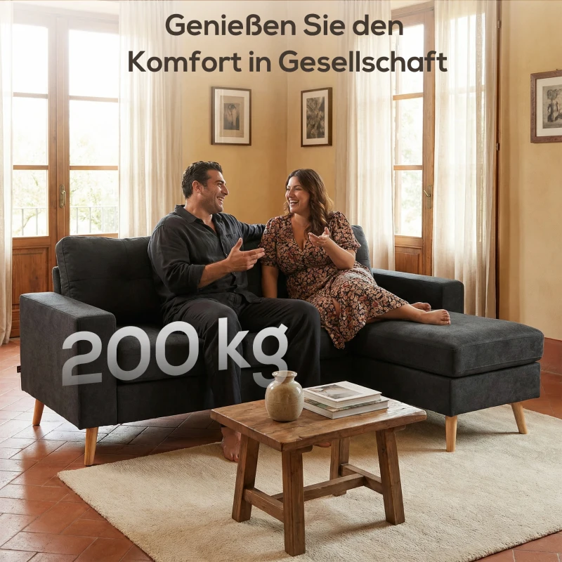 HOMCOM 3-Sitzer-Sofa Sofa Couch Ecksofa, mit Chaiselongue, Knopfheftung, 193 x136 x 85 cm, Schwarz(m-6)