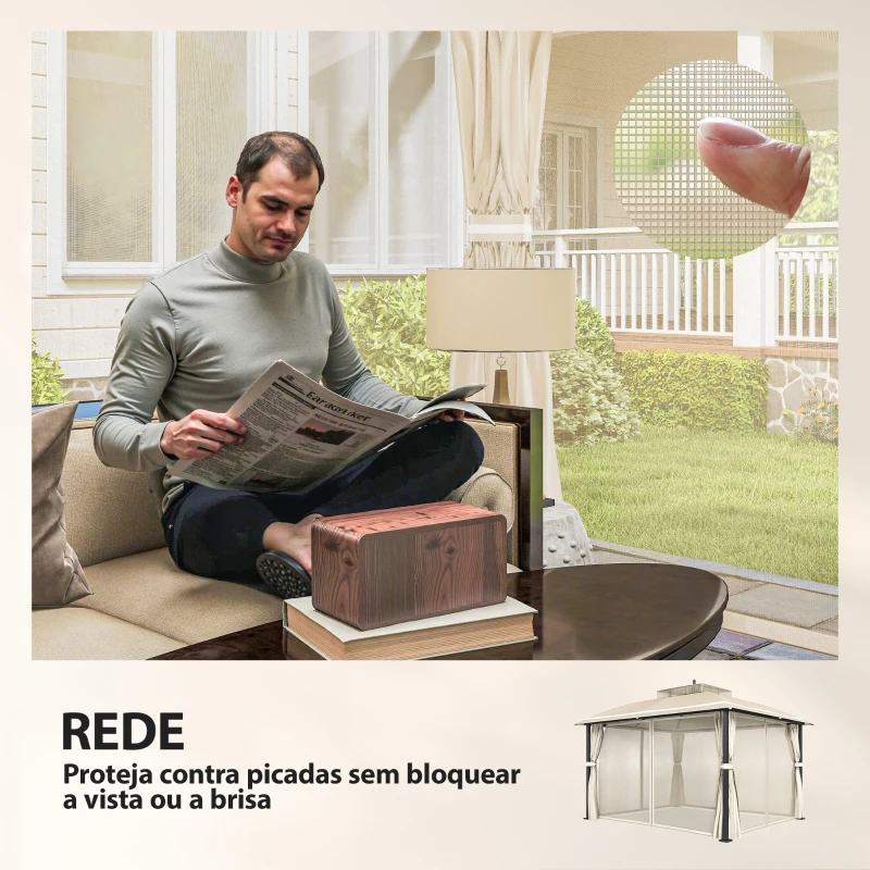 Outsunny Pérgola de Jardim 370x303x290 cm com Telhado Duplo Cortinas Laterais e Mosquiteiras Resistente à Água e Anti-UV Bege