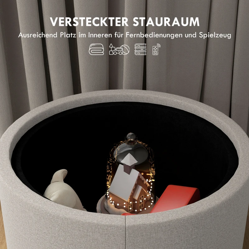 HOMCOM Hocker Polsterhocker, Leinen, versteckter Stauraum, umkehrbarer Deckel, 56cm x 56 cm x 42 cm, Hellgrau + Natur