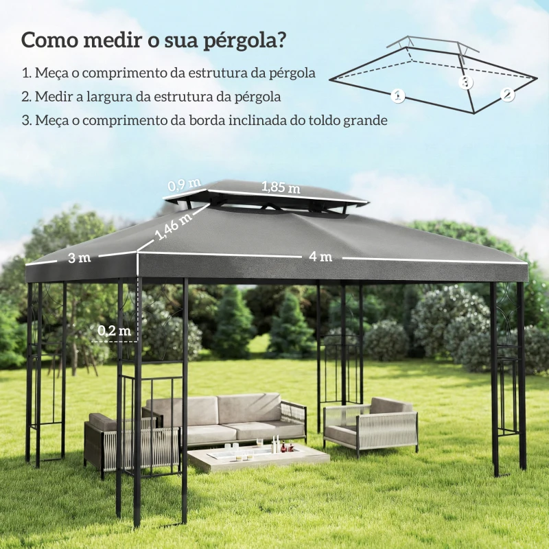 Outsunny Toldo de Substituição 4x3 m com Teto Duplo e Orifícios de Drenagem Proteção UV Apenas Toldo NÃO Inclui Estrutura Cinzento