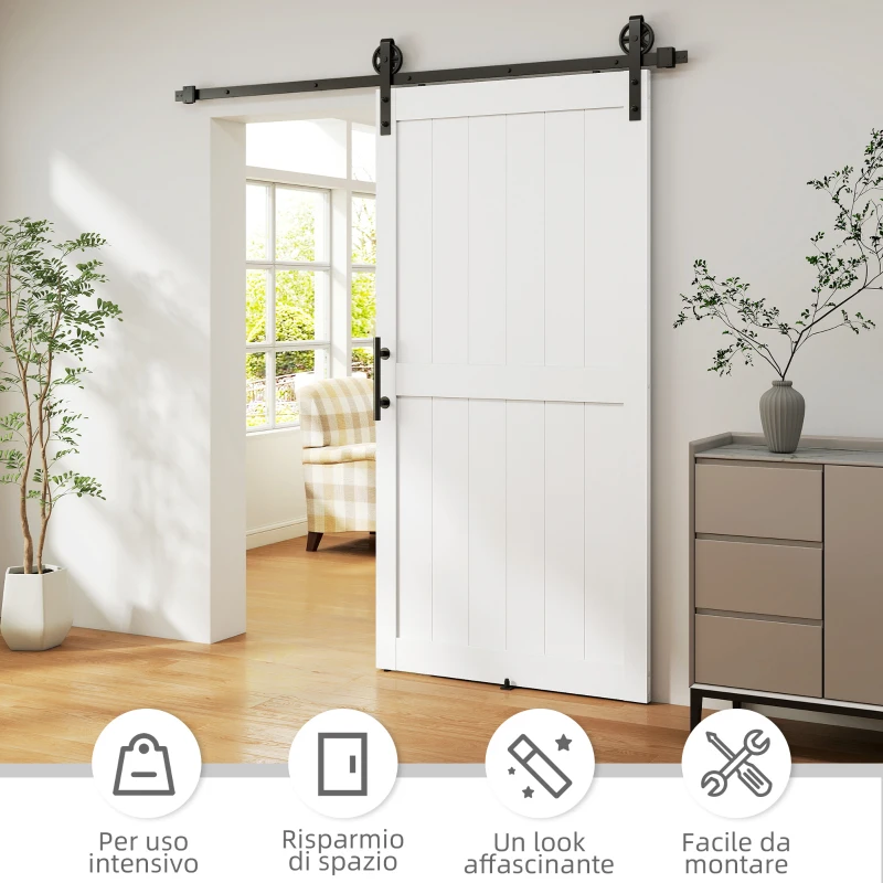 HOMCOM Porta Scorrevole in Stile Country con Binario e Maniglia in Legno e Acciaio, 106.6x213.4 cm, Bianco e Nero