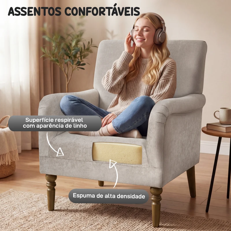 HOMCOM Poltrona Relax Estofado em Linho Apoios de Braços Elegantes Pés de Madeira Maciça Acolchoamento Espesso Cinzento