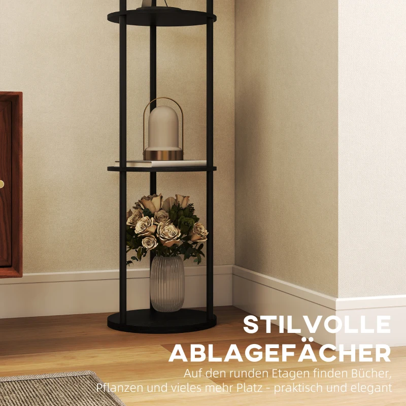 HOMCOM Stehlampe mit 3 Regalen, rundes Design, Fernbedienung, Fußschalter, verstellbare Lichtwärme, für Wohnzimmer, Schwarz