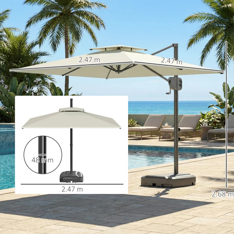 Outsunny Umbrelă cu braț lateral pătrată 2,5 x 2,5 m, umbrelă pentru grădină exterioară, dublă ventilare, înclinabilă, 2 baze, manivelă, Crem