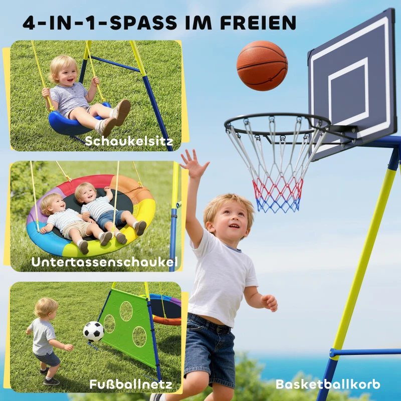 AIYAPLAY Schaukelgestell 4-in-1 Schaukel-Set bis 150 kg mit Nestschaukel Basketballkorb Fußballtor U-Schaukel 288 x 160 x 220 cm