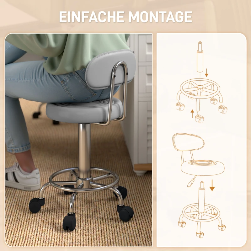 HOMCOM Rollhocker, Drehbarer und verstellbarer Hocker mit Rückenlehne, Kunstlederbezug, Fußstütze, für Frisiertische, Grau