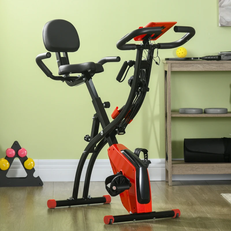 HOMCOM Vélo d'Appartement Pliable 4-en-1 - Ergomètre Magnétique Silencieux avec Cordes de Résistance - Sport Maison et Cardio-training avec Roulettes, Selle Confort et LCD (Max 120kg), Rouge