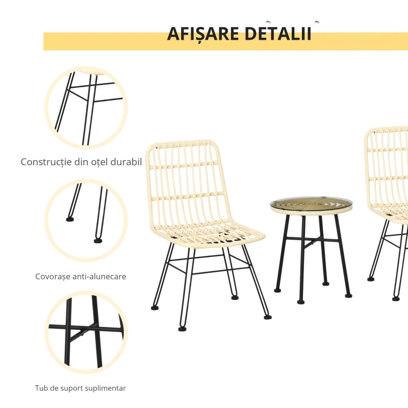 Outsunny Set masuta de cafea si scaune de veranda cu 3 piese, din ratan PE,  Bej