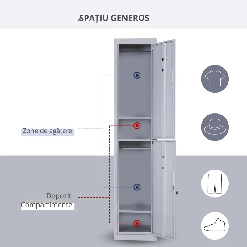 Vinsetto Dulap Metalic Haine – 4 Rafturi, 2 Usi, Gri 38×46×180 cm