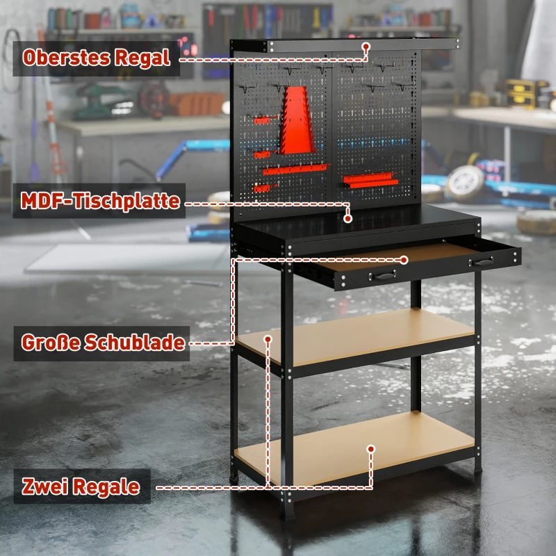 HOMCOM Werkbank 80 x 40,5 x 155 cm Werkzeugbank mit Lochwand, Haken,  Schublade, 2 Ablagen für Werkstatt Schwarz
