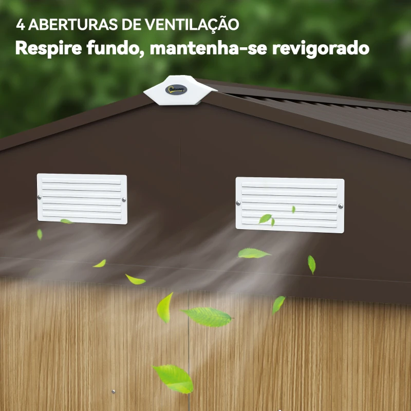 Outsunny Abrigo de Jardim Exterior 4,9 m² 277x195x192 cm com Porta de Correr Ventilação e Kit de Fundação Castanho