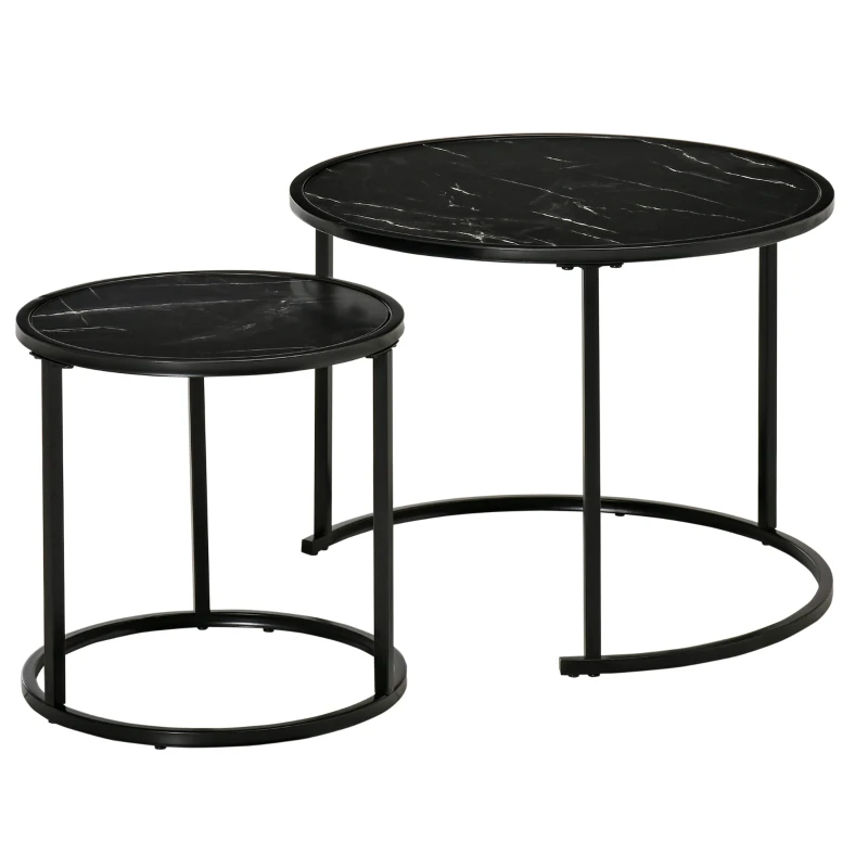 HOMCOM Set of 2 Round Nesting Stackable Coffee Tables, Marble-Effect Wooden Top and Metal Legs, Black