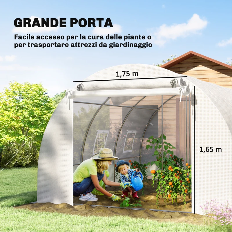 Outsunny Serra a Tunnel con 2 Aste Rimovibili e Porte e Finestre a Rete, in Acciaio Zincato e PE, 396x300x200 cm, Bianco