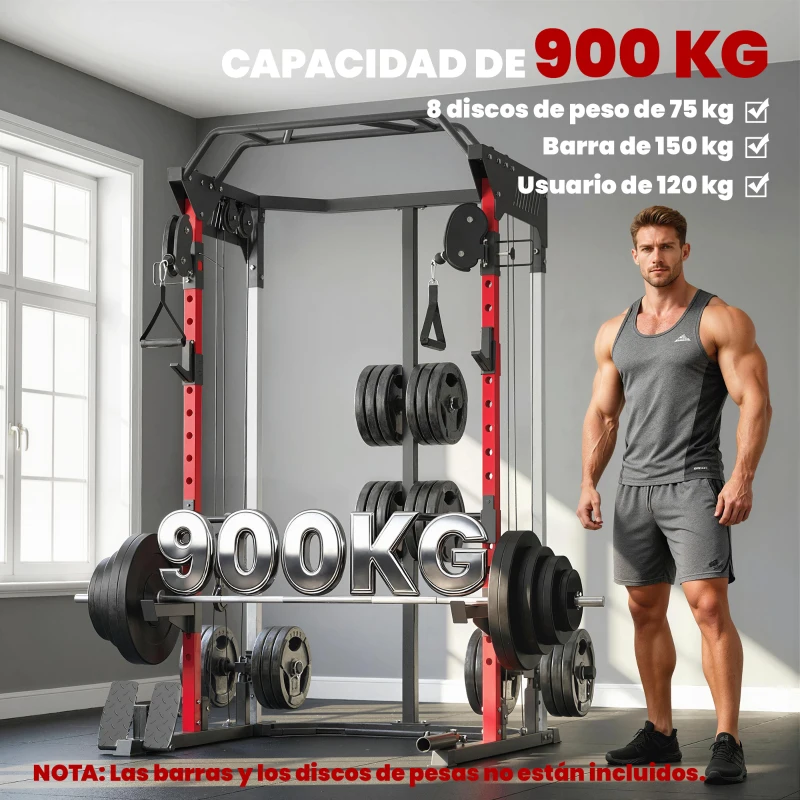 SPORTNOW Jaula de Potencia Smith Machine, Rack para Sentadillas con Sistema Polea Ajustable Barra Dominadas y Estación de Fondos