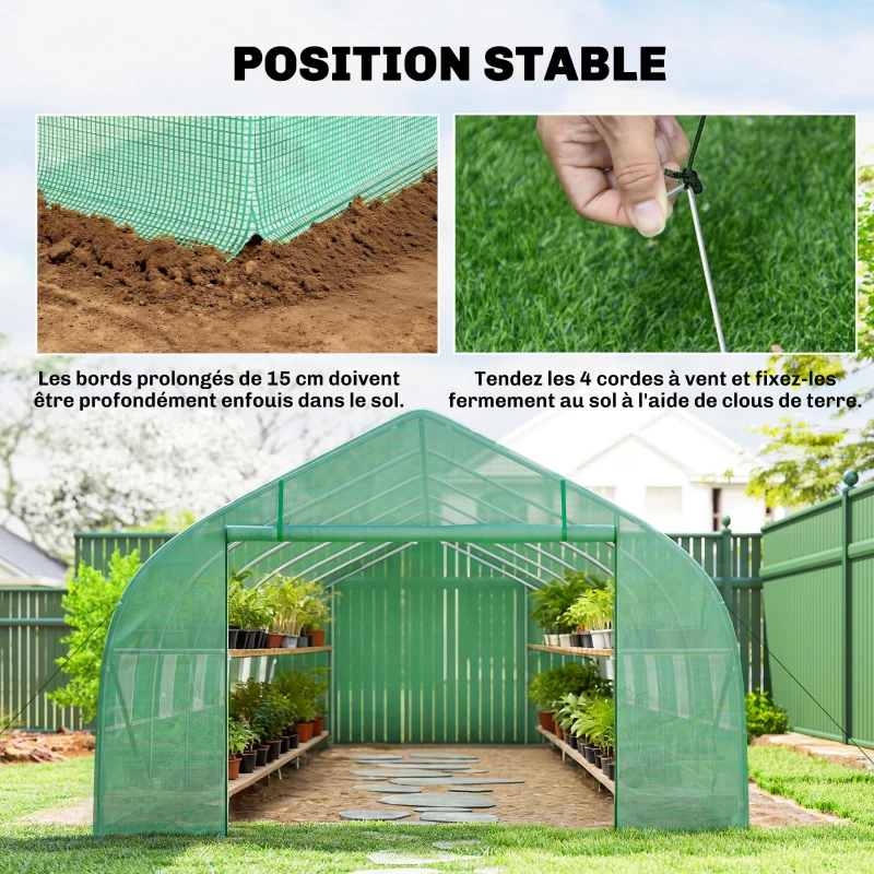 Outsunny Serre de jardin tunnel grande taille avec bâche PE cadre en acier porte enroulable et 12 fenêtres 8 x 3 x 2 m vert