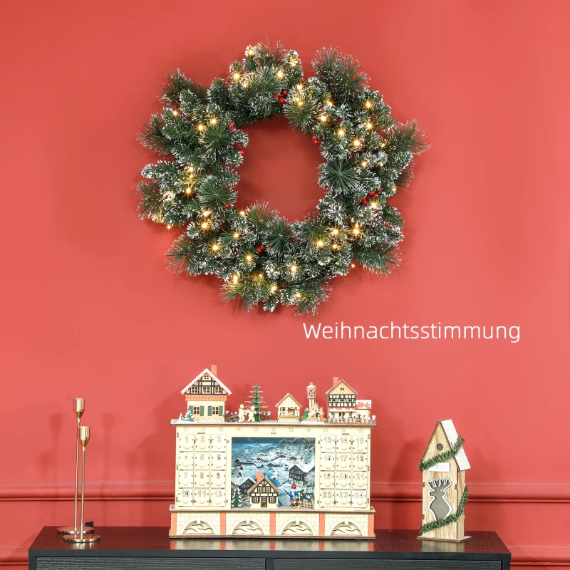 HOMCOM Weihnachtskranz mit LED-Beleuchtung, roten Beeren, realistisches Aussehen, Ø60 x 10 cm, Grün