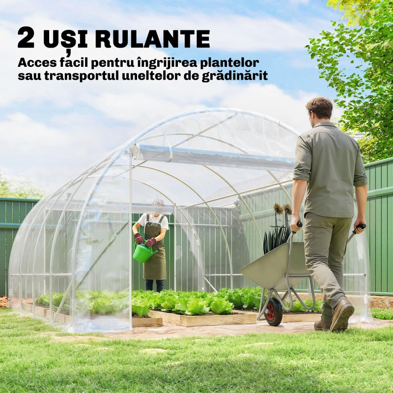 Outsunny Seră de Grădină Tip Tunel 3x4x2 m cu 2 Uși Rulabile, Seră pentru Legume cu 4 Întăriri Diagonale, Cadru din Oțel și Acoperiș PE, pentru Legume, Flori, Fructe, Anti-UV, Transparent